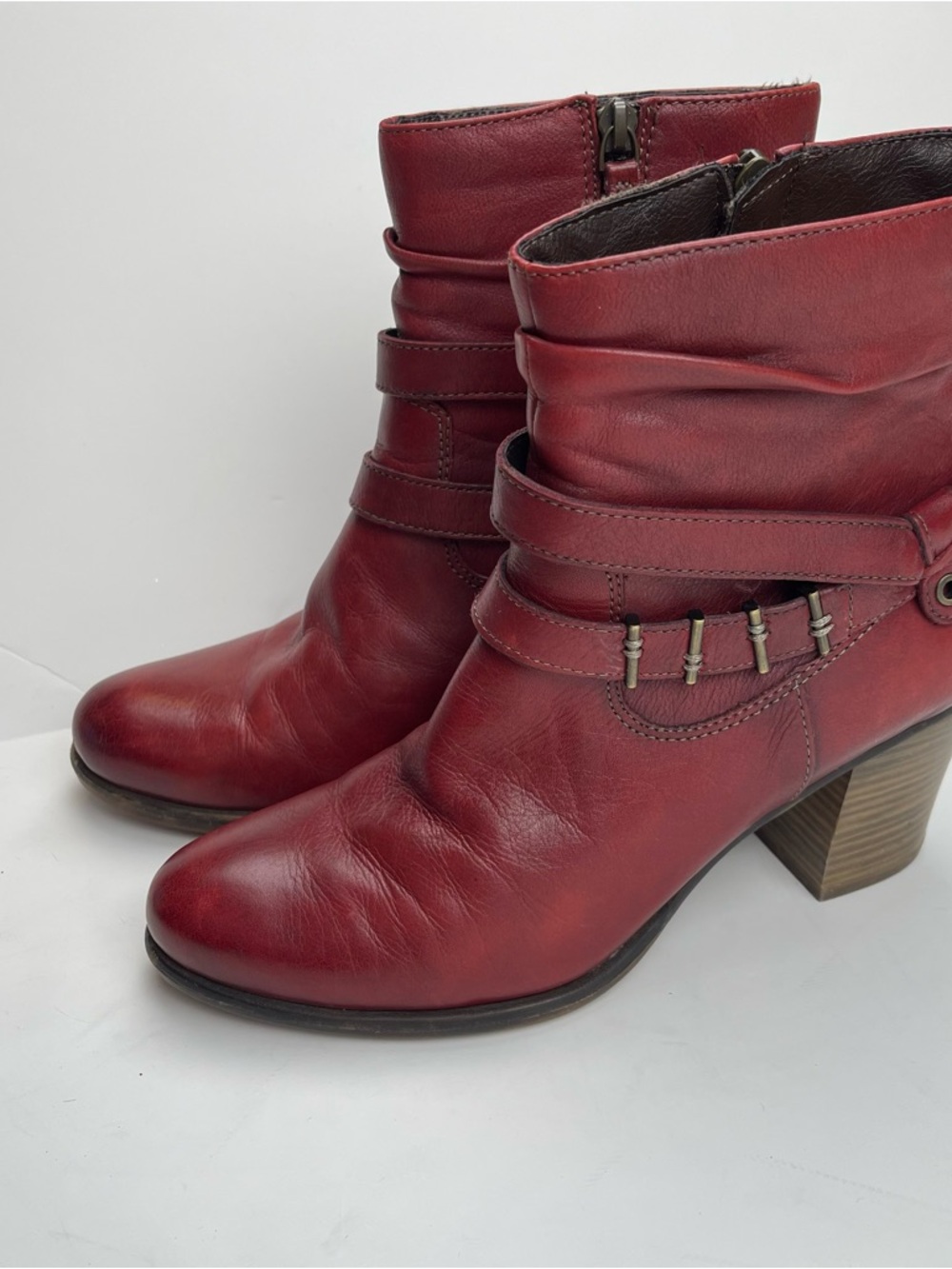Tamaris Leather Ankle Heeled Boots Dark Red Buckle Block Heel 40 Lined Grunge - Picture 4 of 12